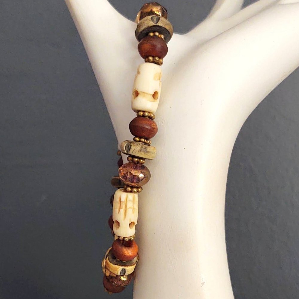 Wood, bead and carved stone bracelet